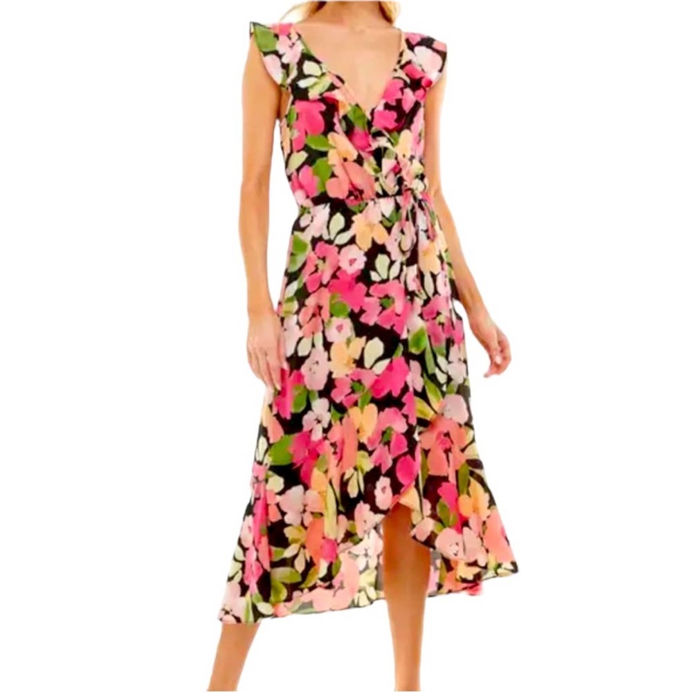 Socialite Floral Wrap Midi Dress in Black with Pink & Green Blooms